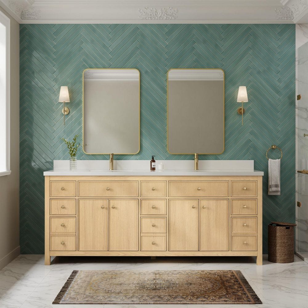 Rian 84 in. Double Freestanding Scandinavian Oak with Satin Bronze Trim Bath Vanity with White Quartz Top price history on PriceWatchPro