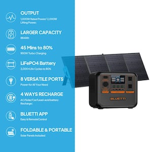 1000W Continuous/2000W Peak Output Power Station AC70P Push Button Start LiFePO4 Battery Generator + 200W Solar Panel