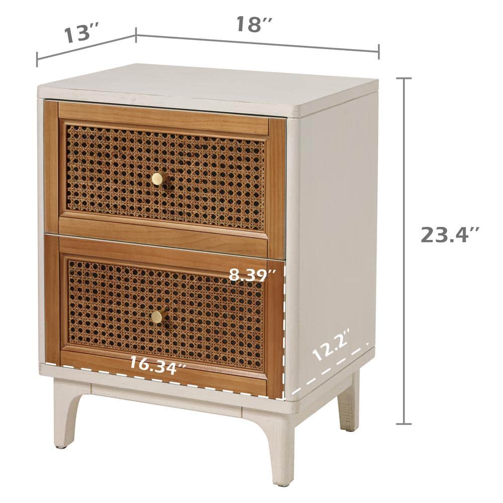 White and Brown 2-Drawer Cane Front Nightstand with Brass Knobs