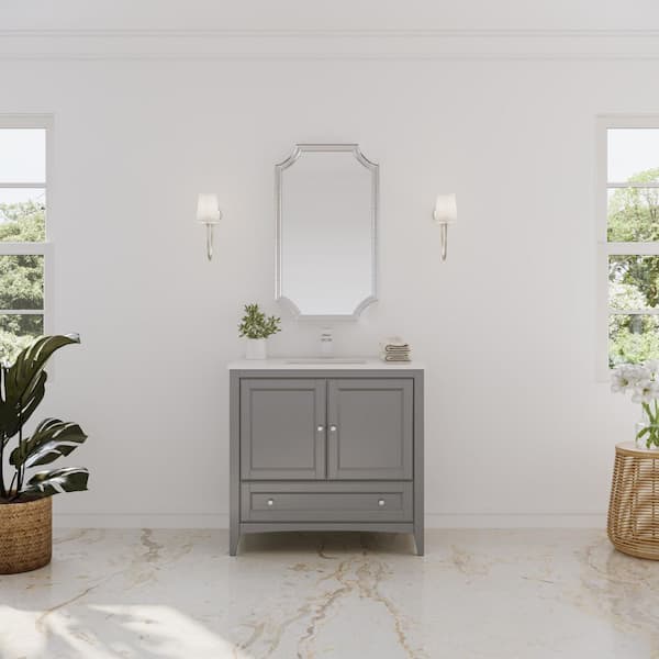 Oxford 36 in. Traditional Bathroom Vanity in Gray with Quartz Stone Vanity Top in White with White Basin