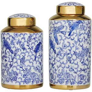 Blue Ceramic Floral Decorative Jars with Gold Accents (Set of 2)