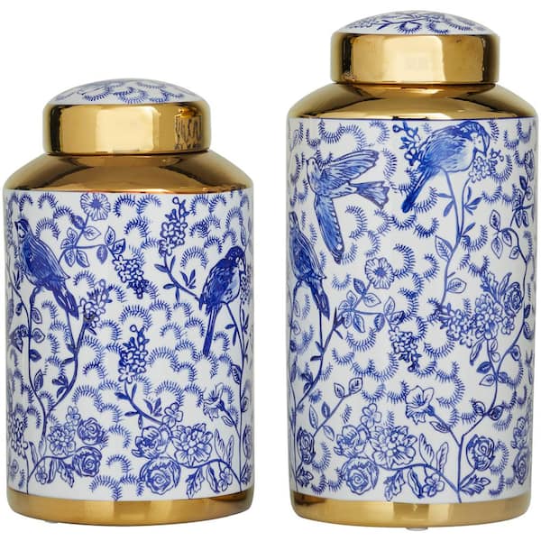 Novogratz Blue Ceramic Floral Decorative Jars with Gold Accents (Set of 2)