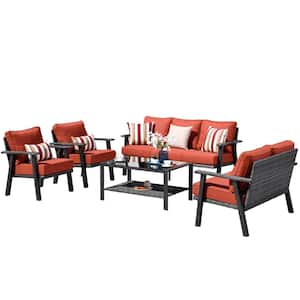 Walden Grey 5-Piece Wicker Metal Outdoor Patio Conversation Sofa Set with a Coffee Table and Orange Red Cushions