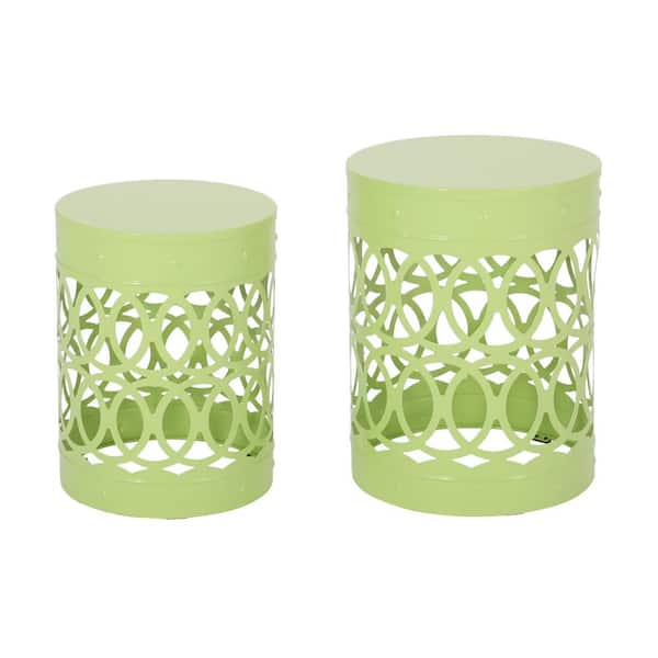 Noble House Holt Green Cylindrical Metal Outdoor Side Table (Set of 2)