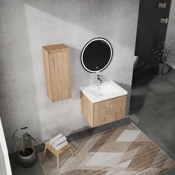 UPIKER Combined 23.6 in. W x 18.1 in. D x 19.3 in. H Floating Bath Vanity in Imitative Oak with White Resin Vanity Top