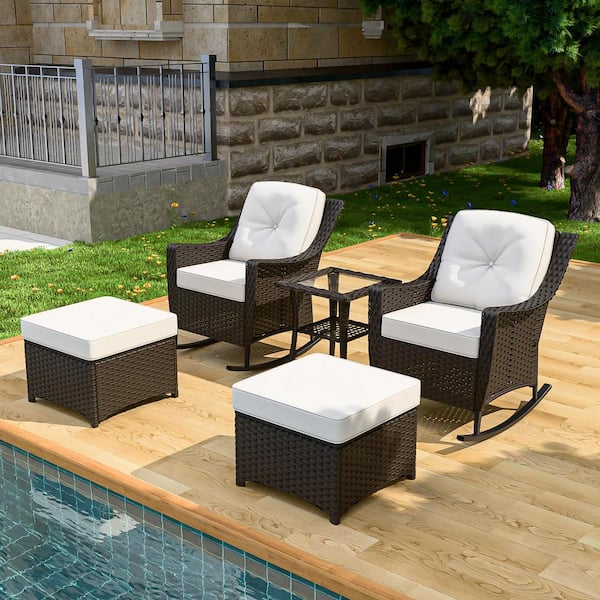 Brown Rattan Wicker 5-Piece Outdoor Patio Conversation Set with Rocking Chairs, Table, and Beige Cushions