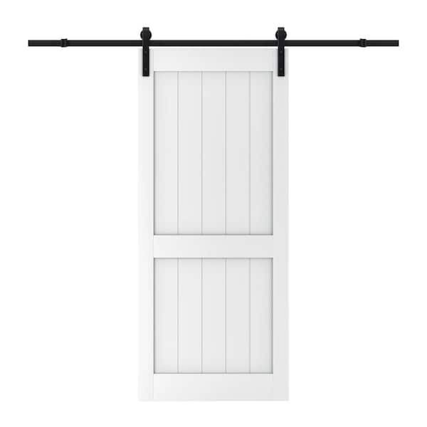 TENONER 36 in. x 84 in. H-Shape, MDF and PVC Covering, White, Finished, Barn Door Slab with Barn Door Hardware