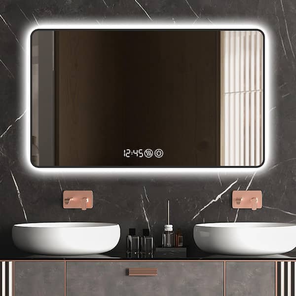 48 in. W x 32 in. H Rectangular Aluminium Alloy Framed Touch Sensor Wall Bathroom Vanity Mirror in Black