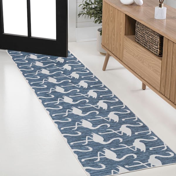 Liana Casual Coastal Flamingos 2-Tone Navy/White 2 ft. x 8 ft. Indoor/Outdoor Runner Rug