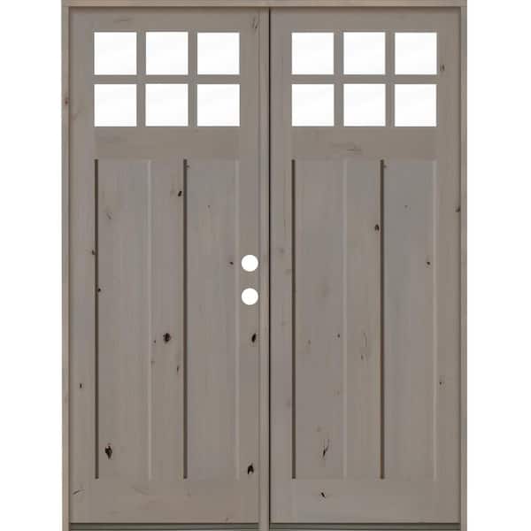 Krosswood Doors 64 in. x 96 in. Craftsman Knotty Alder Left-Hand/Inswing Double 6 Lite Clear Glass Grey Stain Wood Prehung Front Door
