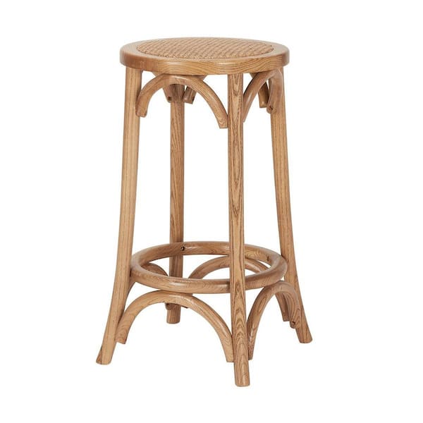 Mavery Patina Oak Finish Backless Wood Counter Stool with Woven Rattan Seat