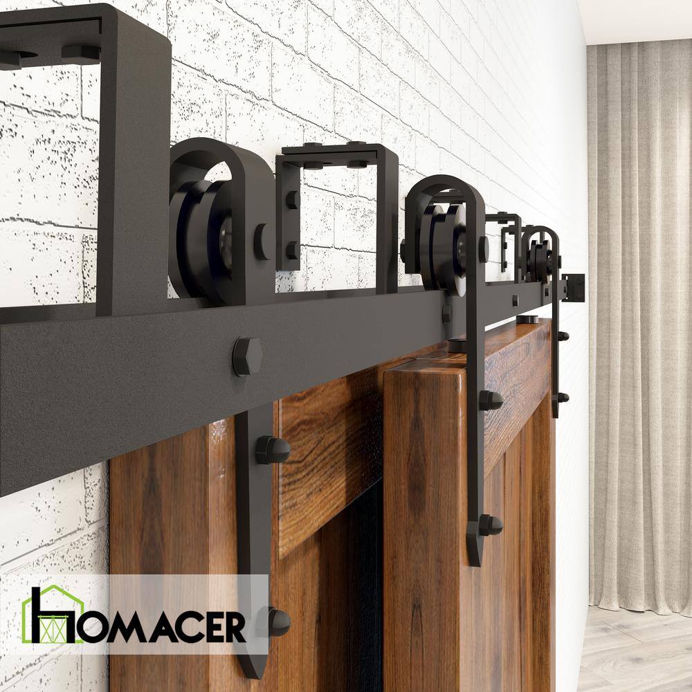 Rustic Black Double Track Bypass Sliding Barn Door Hardware Kit, 9ft