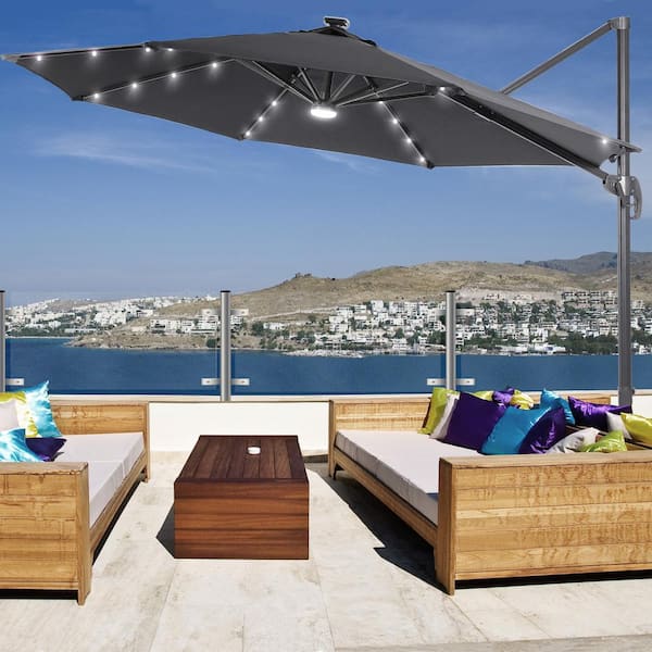 JOYESERY 10 ft. Solar LED Anthracite Cantilever Patio Umbrella with Cross Base, Outdoor Offset Hanging 360°