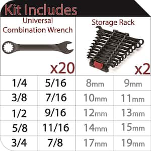 Long-Pattern Universal Combination Wrench Set SAE/MM (20-Piece)