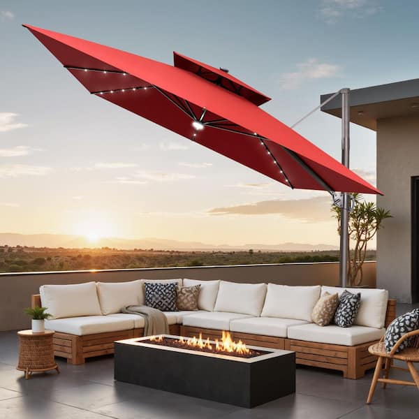 Pellebant Double Top 11 ft. 360° Rotation Cantilever Patio Umbrella with LED Lights, Square Canopy in Red