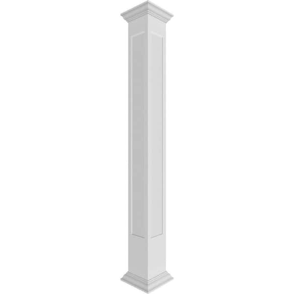 Ekena Millwork 7-5/8 in. x 10 ft. Premium Square Non-Tapered, Recessed Panel PVC Column Wrap Kit, Crown Capital and Base