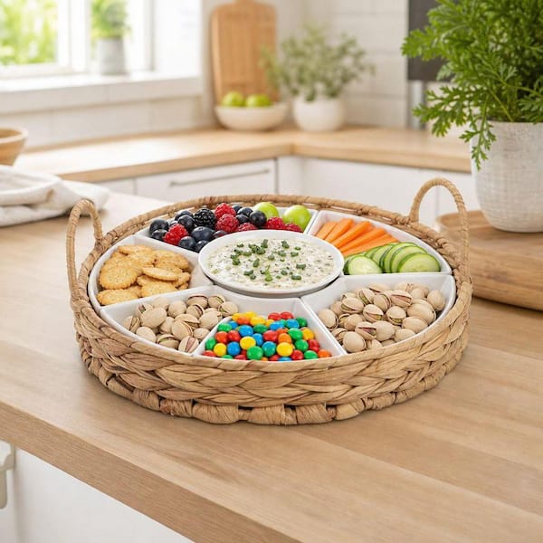 Wudkey Ceramic Divided Serving Dishes with Cattail Basket, 6