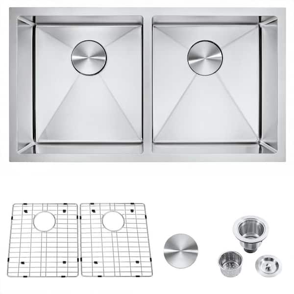 Unbranded Attop Undermount Nano Handmade Stainless Steel 32 in. Double Bowl Undermount Kitchen Sink Large Basin with Strainer