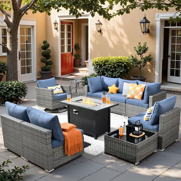 Toject Sanibel Gray 10-Piece Wicker Patio Conversation Sofa Set with a Swivel Chair, a Metal Fire Pit and Denim Blue Cushions