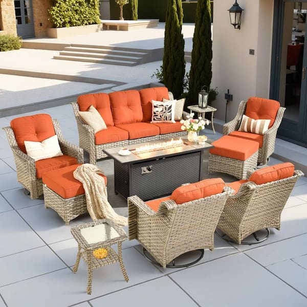 Eureka 10-Piece Wicker Patio Conversation Sofa Swivel Chair Set with Metal Fire Pit Table and Orange Red Cushions