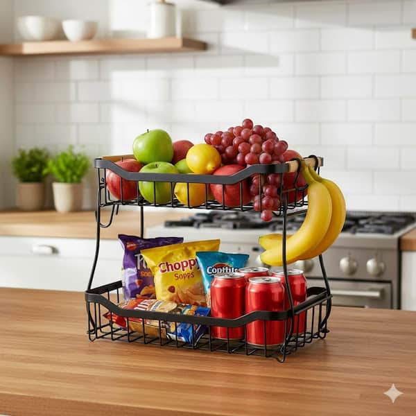 2 Piece 2 Tier Detachable Fruit Vegetable Basket with Banana Hanger Metal Countertop Stand Wooden Handle Set