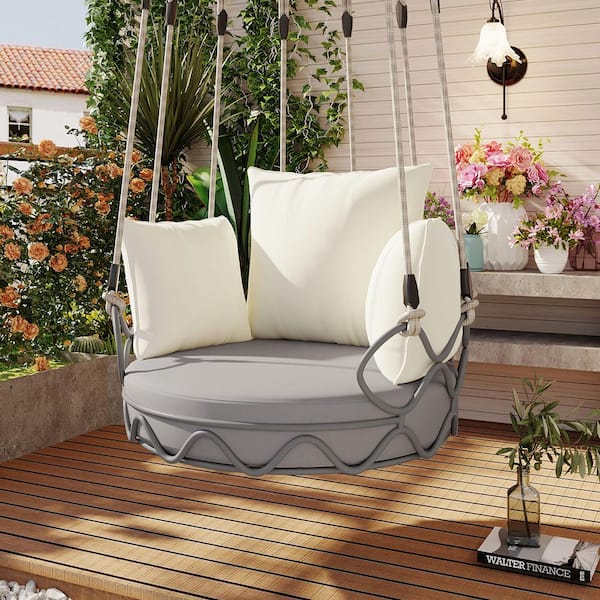Harper & Bright Designs 1-Person Metal Porch Swing with Nylon Rope, Olefin Fabric Cushions, Beige Pillows
