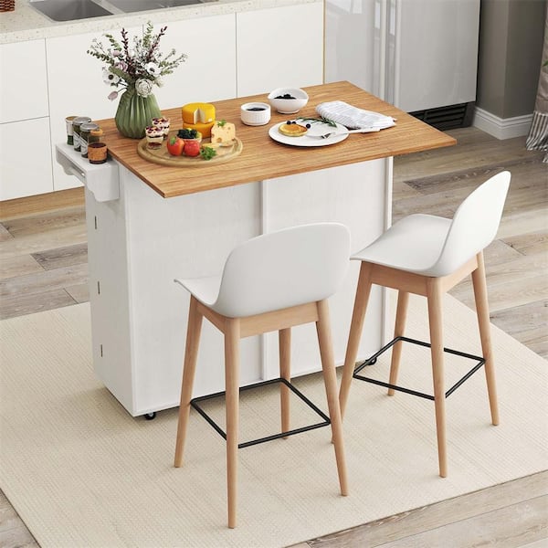 White Wood 42 in. Rolling Kitchen Island Kitchen Island Cart with Drop Leaf Trash Can Cabinet
