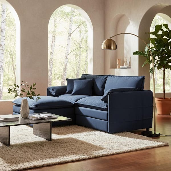 ROYET 75.6 in. W Pillow Top Arm Chenille 3-Seater Modular Sofa with Chaise, Pillows, and Storage Pocket in Midnight Blue