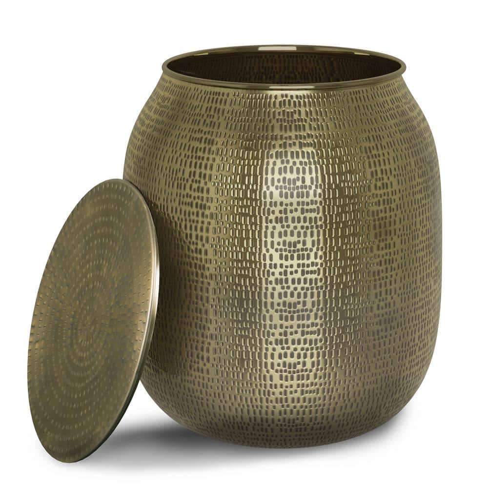 Antique Gold Hand-Hammered Metal Storage Accent Table