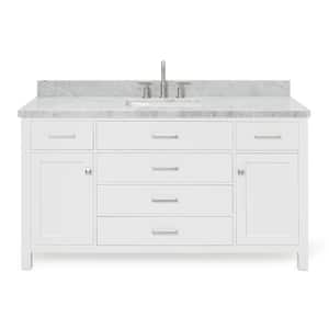 Bristol 61 in. W x 22 in. D x 36 in. H Freestanding Bath Vanity in White with White Marble Top