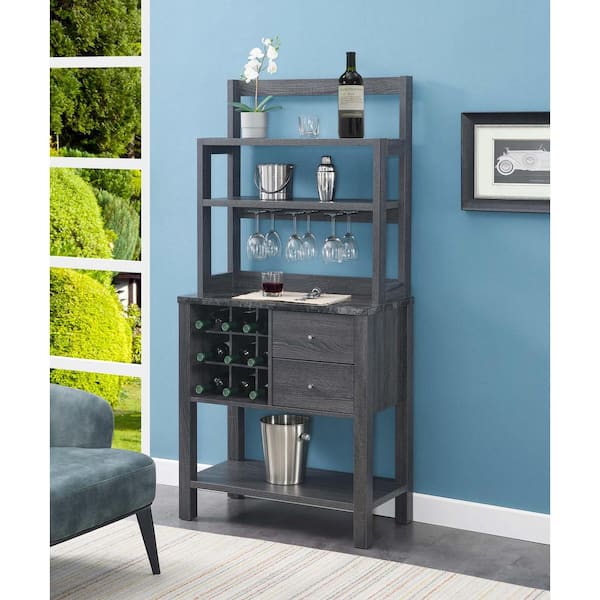 Newport Black Faux Marble/Weathered Grey Wine Storage Bar with wine rack and shelves