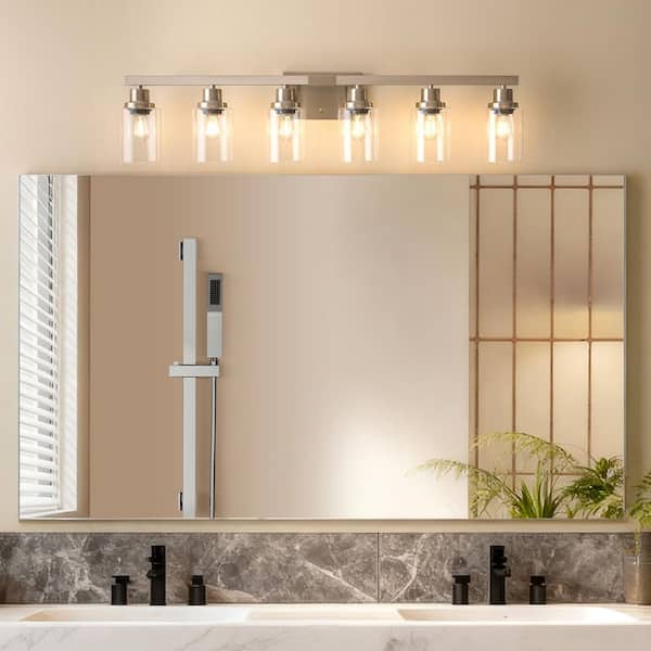 37 in. 6-Light Brushed Nickel Vanity Lights Fixture with Clear Glass Shades and No Bulbs Included