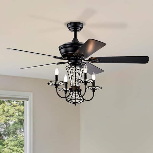 Keazile 52 in. Indoor Matte Black Crystal Ceiling Fan with Lights, Remote Control and Reversible Motor for Living Room, Bedroom