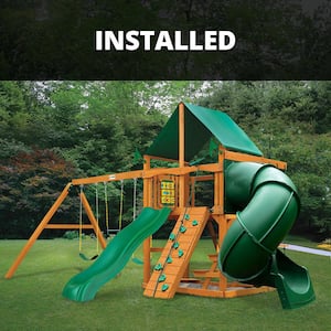 Professionally Installed Mountaineer Wooden Outdoor Playsets with 2 Slides, Rock Wall, and Swing Set Accessories