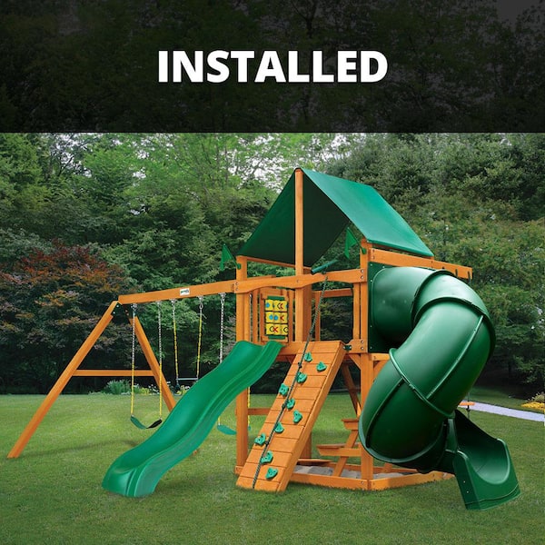 Gorilla Playsets Professionally Installed Mountaineer Wooden Outdoor Playsets with 2 Slides, Rock Wall, and Swing Set Accessories