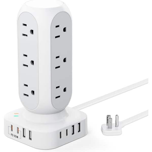 Lukyamzn 12-Outlet Flat Plug Power Strip Surge Protector Tower with 8 USB Ports and 10 ft. Extension Cord in White
