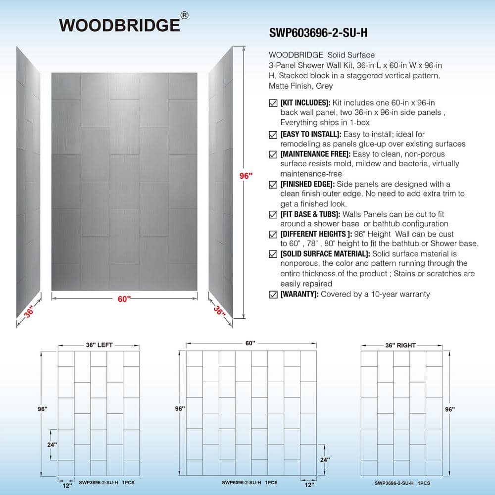 Matte Gray Solid Surface Alcove Shower Wall Panels, 96" H x 60" W
