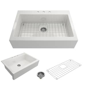 Nuova White Fireclay 34 in. Single Bowl Drop-In Apron Front Kitchen Sink with Protective Grid and Strainer