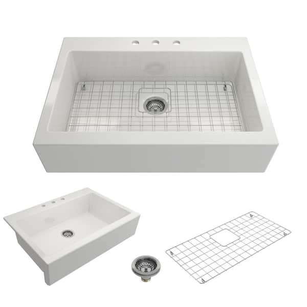 BOCCHI Nuova White Fireclay 34 in. Single Bowl Drop-In Apron Front Kitchen Sink with Protective Grid and Strainer