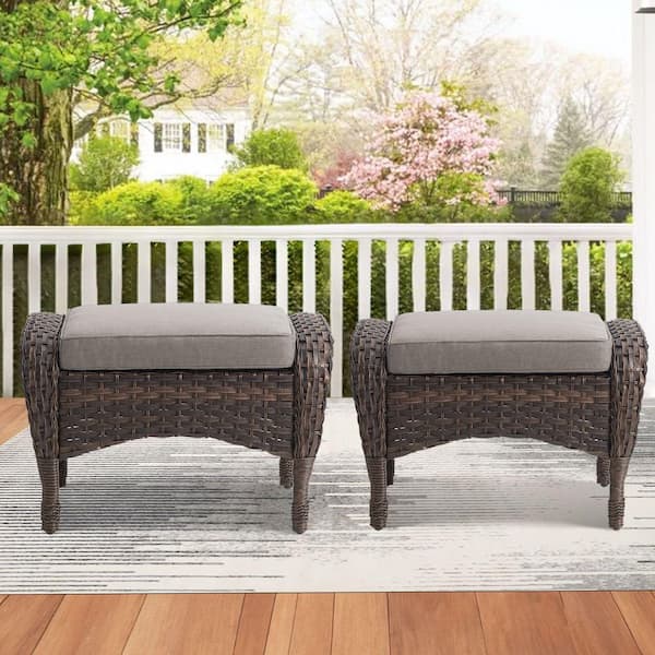 Rotavia 2-Piece Brown PE Wicker Steel Frame Outdoor Ottoman with Olefin Gray Cushions, Multipurpose Patio Footstools