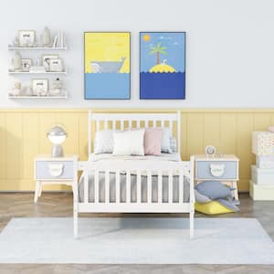 White Twin Solid Wood Platform Bed with Headboard Twin Kids Platform Bed with 10-Wood Slats No Box Spring Needed