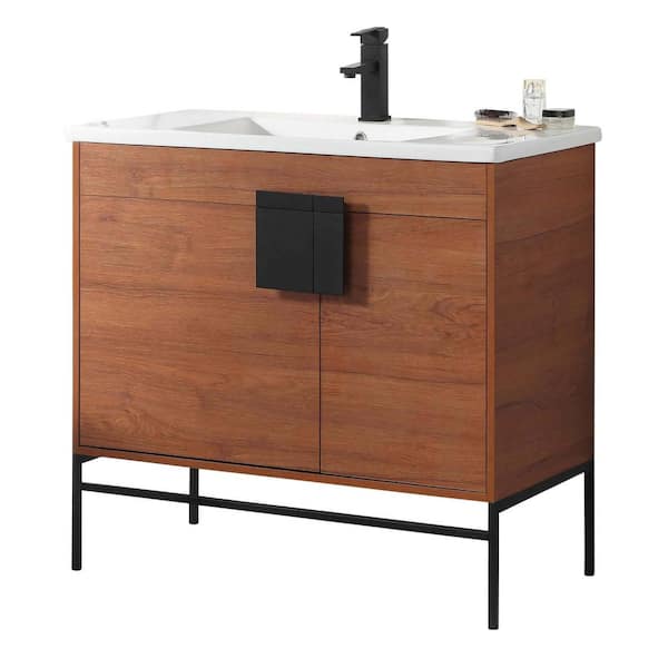 FINE FIXTURES Shawbridge 36 in. W x 18.11 in. D x 33.5 in. H Bath Vanity in Spicy Walnut with Ceramic Vanity Top in White