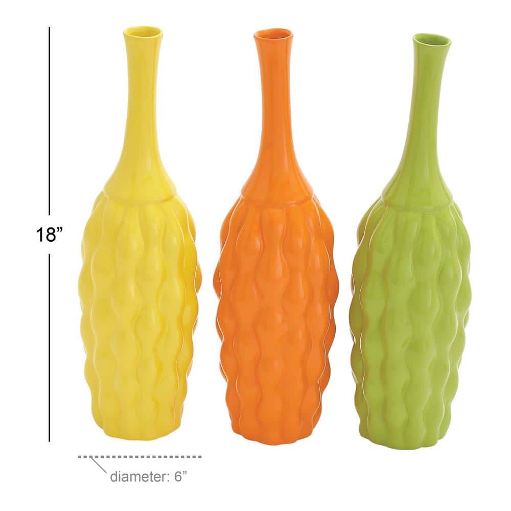 Coastal Charm 18" Trumpet Ceramic Vase Trio in Yellow, Orange, and Green