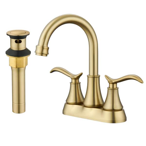 CASAINC 4 in. Centerset Double Handle High Arc Bathroom Faucet with 360° Swivel Spout, Stainless Steel Drain in Brushed Gold