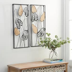 Metal Black Tall Cut-Out Leaf Wall Decor with Intricate Laser Cut Designs (Set of 2)