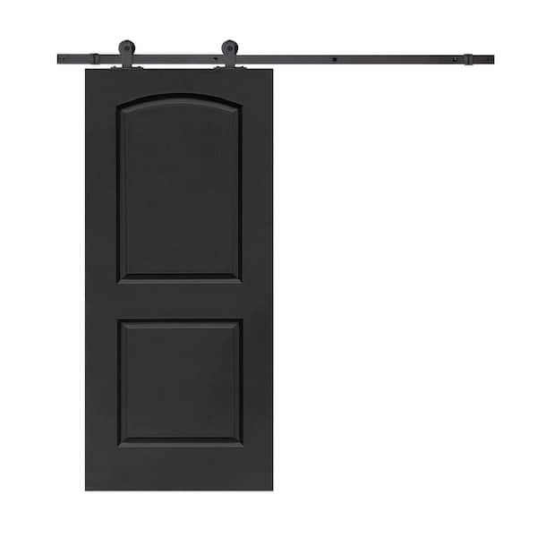 CALHOME 30 in. x 80 in. Black Stained Composite MDF 2-Panel Round Top Interior Sliding Barn Door with Hardware Kit