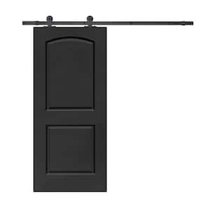 36 in. x 80 in. Black Stained Composite MDF 2-Panel Round Top Interior Sliding Barn Door with Hardware Kit