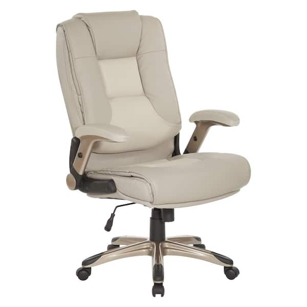 Office Star Products Bonded Leather with Coated Nylon Base Ergonomic Executive Chair in Taupe and Cocoa Coated Flip Arms