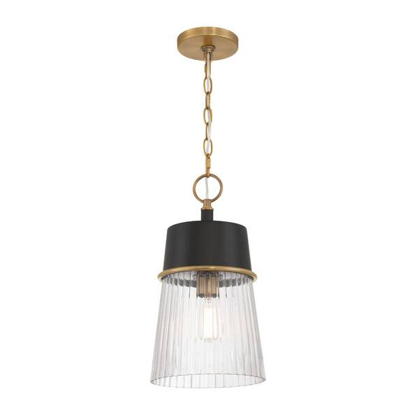 Stamford 60-Watt 1-Light Matte Black and Legacy Brass Bell Pendant Light with Clear Ribbed Glass Shade, No Bulb Included