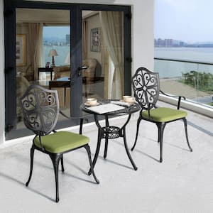 3-Piece Black Cast Aluminum Round Outdoor Bistro Set with Green Cushions
